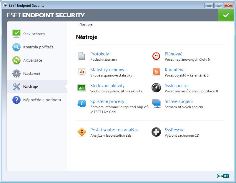 4.6 Nástroje Menu Nástroje obsahuje moduly které usnadňují správu ESET Endpoint Security a nabízejí rozšířené možnosti pro pokročilé uživatele.