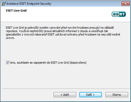 Dalším krokem instalace je nastavení systému ESET Live Grid, který umožňuje, informovat společnost ESET o nových infiltracích.