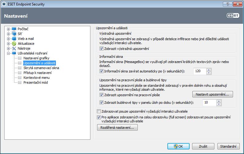 4.7.2 Upozornění a události Okno Upozornění a události, umístěné v rámci položky Uživatelské rozhraní, konfiguruje výstražné a informační hlášení ESET Endpoint Security.
