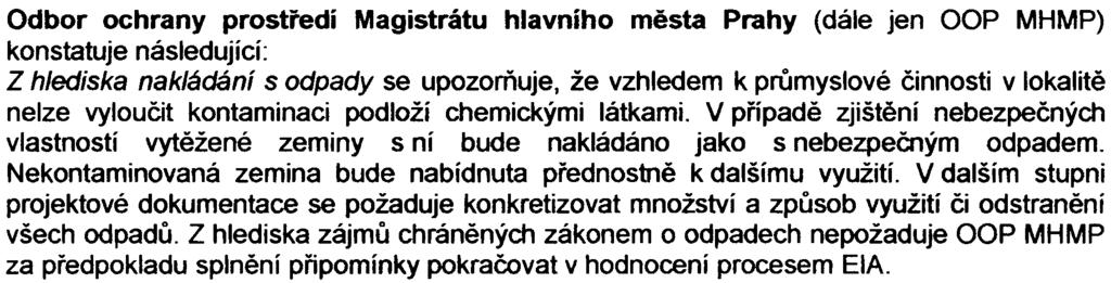 Uvádí se, že zámìr není v souladu se smìrnou èástí platného územního plánu. Z geologického hlediska nemá HMP k posuzovanému zámìru zásadní výhrady.