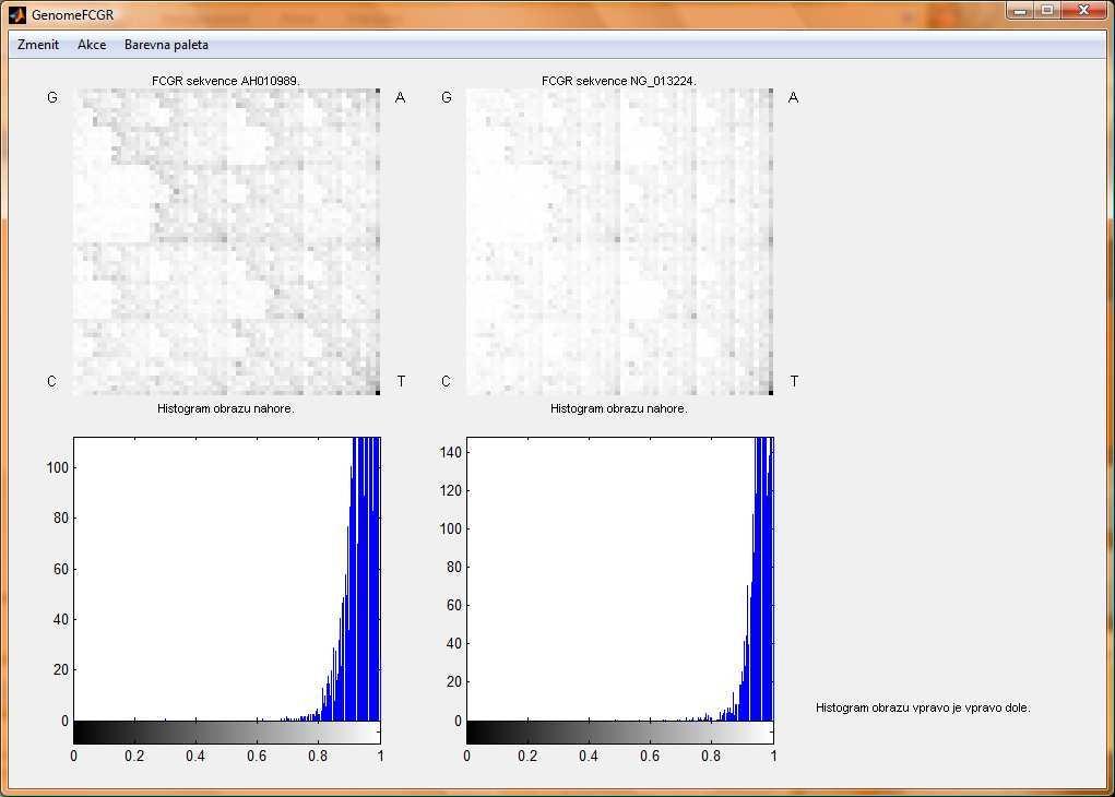 Zpracování genomických sekvencí fraktály diplomová práce 27 Obrázek 30: Program GenomeFCGR vykreslení histogramů obrazů dvou sekvencí vykreslených metodou FCGR.