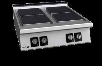 - Litinové topné plotýnky o velikosti 300x300 mm a o příkonu 4 kw, těsně zabudované do vrchní lisované plochy. - Regulace výkonu pomocí přepínače se 7 polohami.