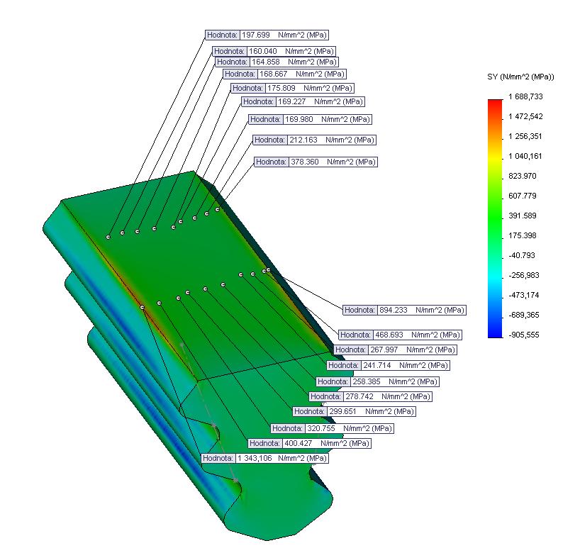 Obrázek 5b Hodnoty redukovaného napětí 3) Tahové napětí ve třech krčcích nožky závěsu.