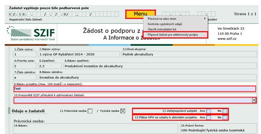 Následně žadatel prostřednictvím tlačítka Menu klikne na tlačítko Kontrola vyplněných údajů a poté pokračuje na tlačítko Menu přes pole