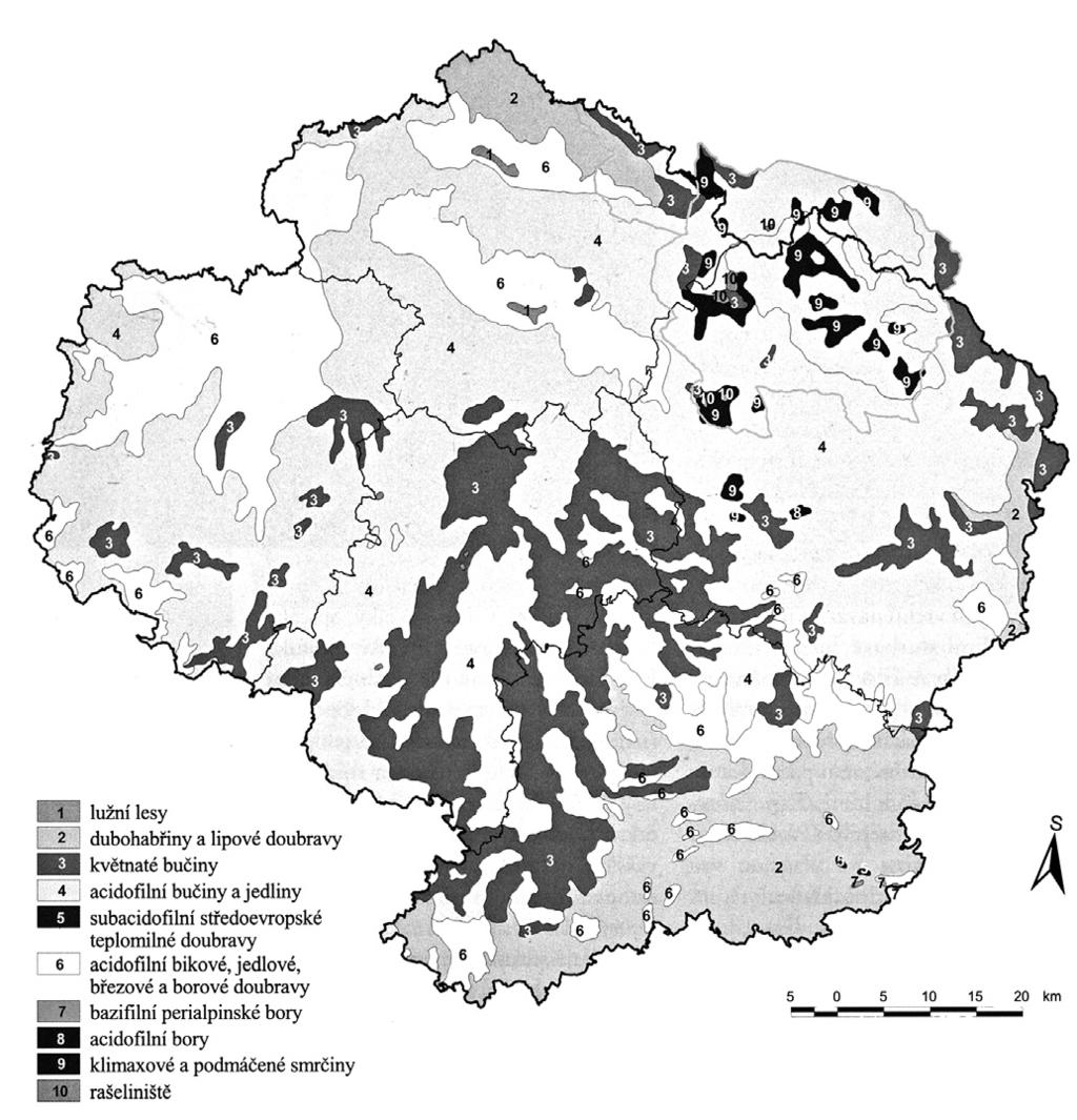 Obr. 4. Vegetační poměry Českomoravské vrchoviny. Převzato z: Čech Šumpich Zabloudil a kol. 2002, upraveno.