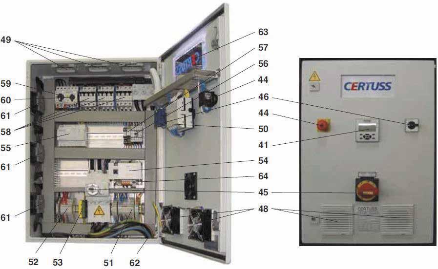 elektrická rozvodná skříň s ovládacími prvky legenda 41 Multifunkční displej 54 Řídící trafo 44 Spínač NOUZOVÉ VYPNUTÍ 55 Modul řízení Easy 45 Hlavní spínač 56 Motorový jistič, čerpadlo napájecí vody