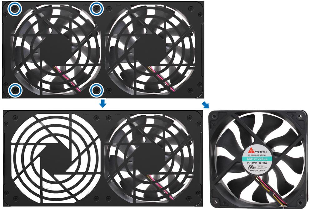 c Vyšroubujte 4 šrouby zajišťující nefunkční ventilátor a poté