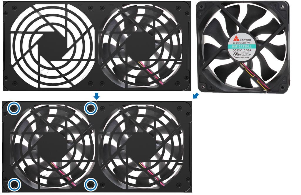 pravého dolního rohu) a poté nový ventilátor pomocí 4 šroubů