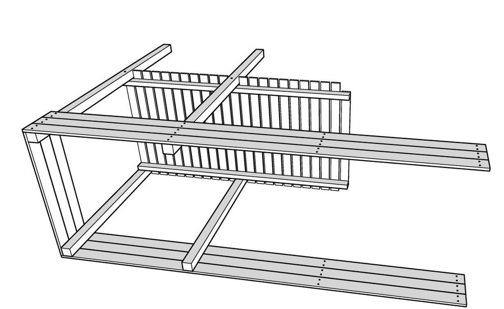 3) Do spodní části sloupů připevněte díly pískoviště na tři strany věže pomocí vrutů 5x50 (4,5x50). Prkna mají předvrtané otvory. Vruty po 2ks na jeden spoj, tedy 4 ks na jedno prkno.