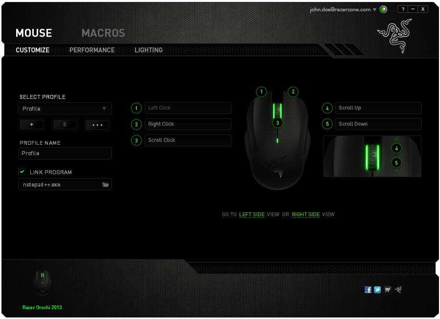 Nastavení: Upozornění! : Níže uvedené funkce vyžadují být přihlášen v Razer Synapse 2.0.