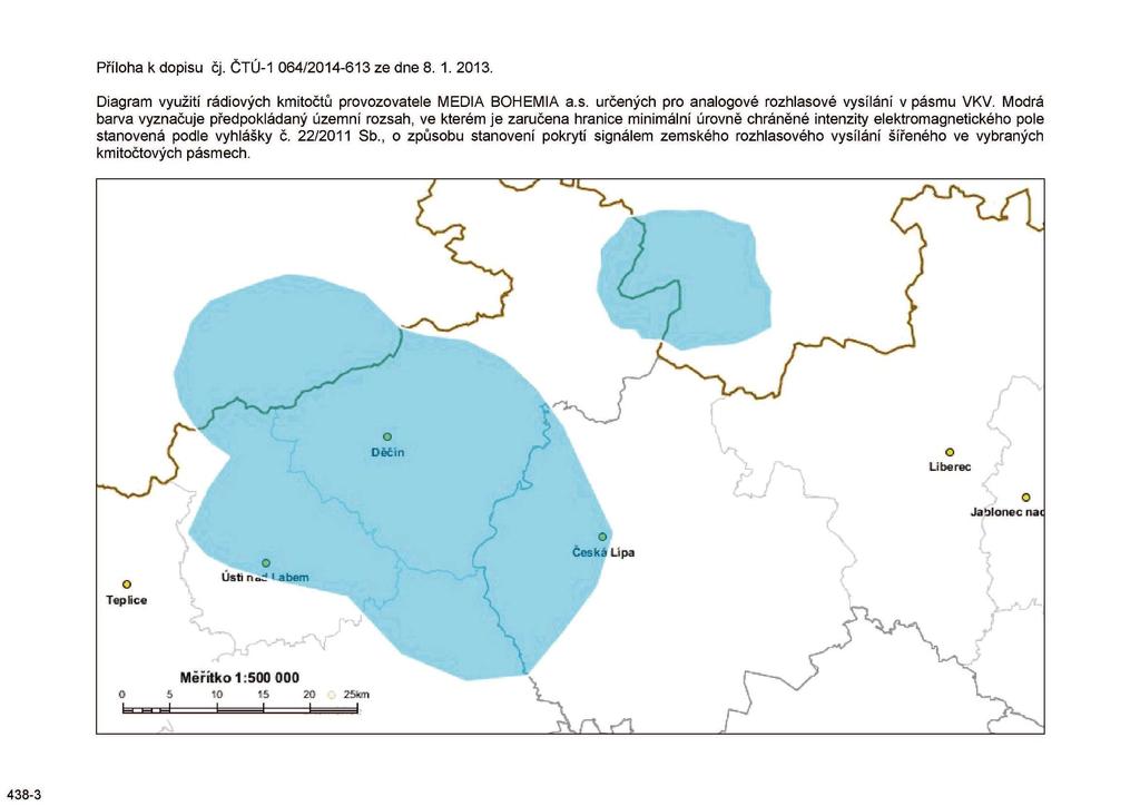 Příloha k dopisu čj. ČTÚ-1 064/2014-613 ze dne 8. 1. 2013. Diagram využití rádiových kmitočtů provozovatele MEDIA BOHEMIA a.s. určených pro analogové rozhlasové vysílání v pásmu VKV.