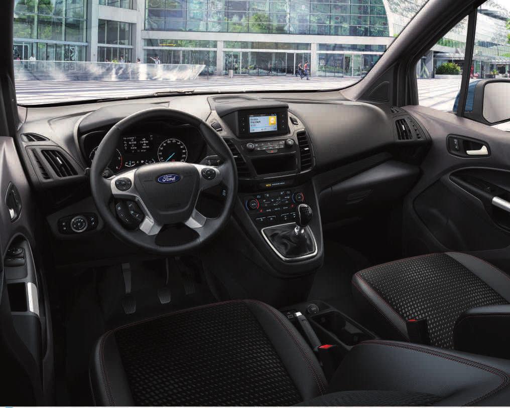 Částečné kožené čalounění sedadel (standardní výbava) Zobrazen je model Ford Transit Connect Sport s metalickou barvou karoserie modrá Metallic (výbava na přání).