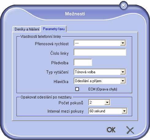 Políčko Tisk protokolu o příjmu Tisk deníku přijatých faxů Automatický tisk odeslaného dokumentu Tisk protokolu odeslání Tisk deníku odeslaných faxů Popis záložky PARAMETRY FAXU označení Protokol o