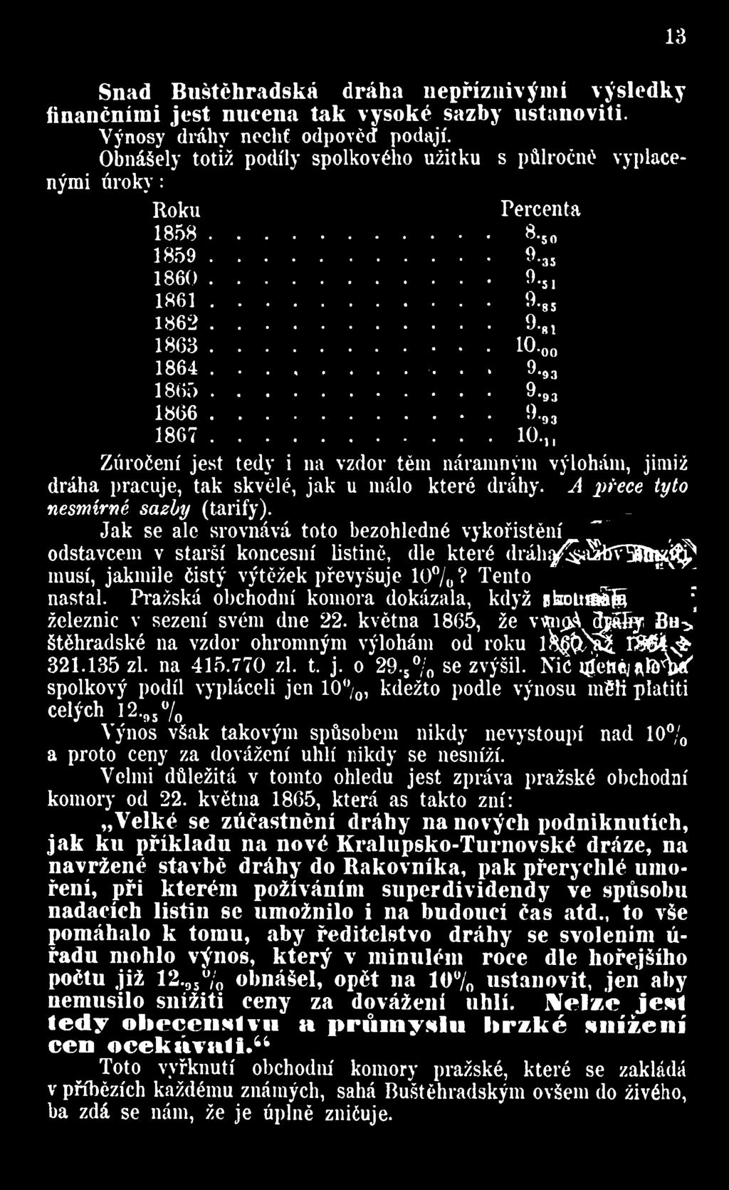 Pražská obchodní komora dokázala, když fkoumák^ železnic v sezení svém dne 22. května 1865, že vvm<>a dráhy Bu> štěhradské na vzdor ohromným výlohám od roku 1^ ^ ^. 1864<4-321.135 zl. na 415.770 zl.