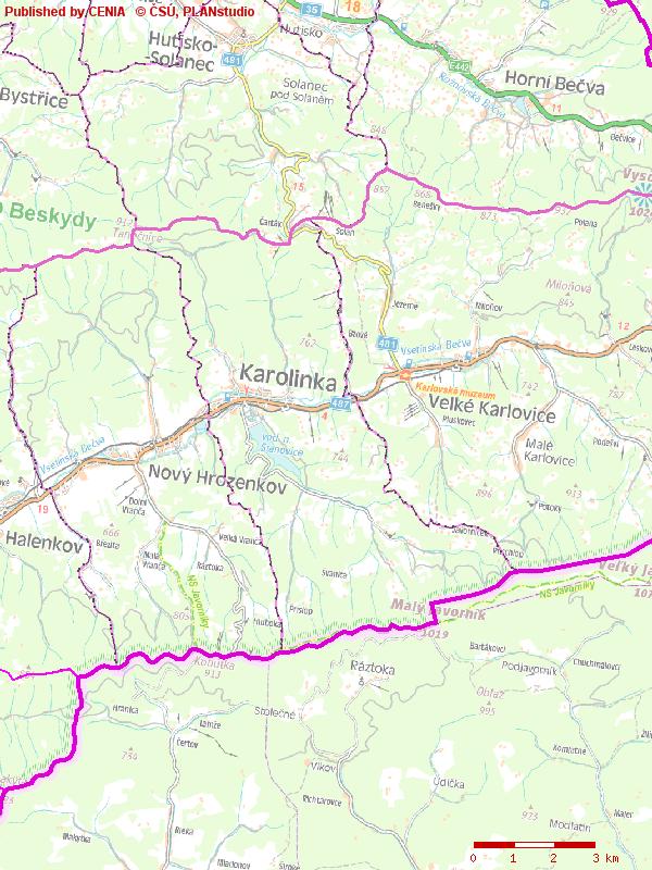 Obr. 1: Situační mapa polohy zájmového území města Karolinka (podkladová data: Geoportal CENIA).