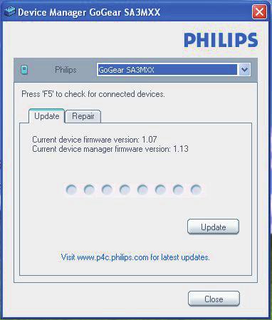 14 Aktualizace firmwaru pomocí aplikace Philips Device Manager Zde můžete nalézt aktuální verzi firmwaru zařízení. Nainstalujte aplikaci Philips Device Manager. 1 Připojte přehrávač AZURE k počítači.