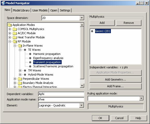 Obr. 0 Nastavení základních parametrů modelu v COMSOL Multiphysics. V dalším kroku postupně vybereme z menu programu COMSOL Multiphysics Options Constants.