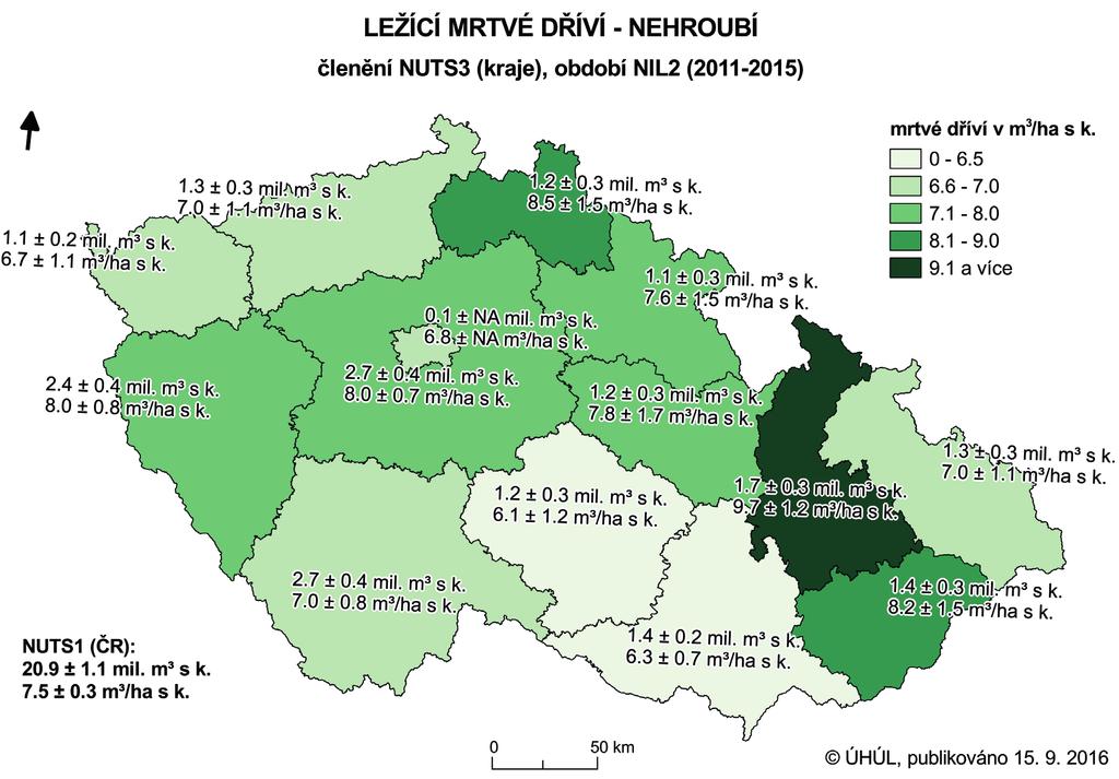 Objem ležícího nehroubí V tabulce č. 11 a v kartogramu na obrázku č. 3 jsou uvedeny y objemu ležícího nehroubí (tloušťka 2 až 6,9 cm) v jednotlivých krajích.