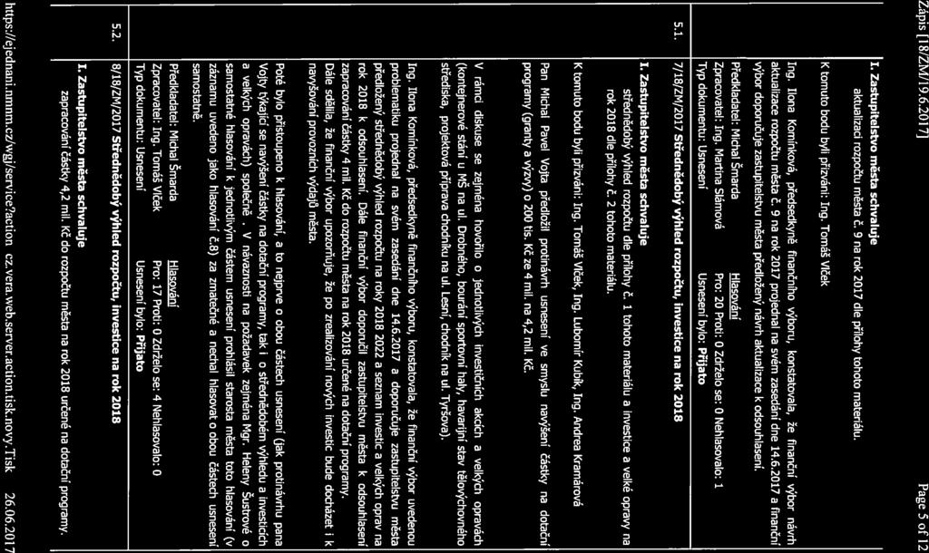 Zápis [18/ZM/19.6.2017] Page 5 of 12 aktualizaci rozpočtu města č. 9 na rok 2017 dle přílohy tohoto materiálu. K tomuto bodu byli přizváni: Ing. Tomáš Vlček Ing.