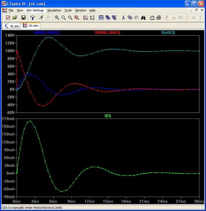 140V V(N001,N002) V(N002,N003) V(n003) 120V 100V 80V 60V 40V 20V 0V -20V -40V -60V 210mA I(R) 180mA 150mA 120mA