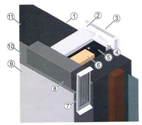 2.1 Konstrukce 1 omítka 9 fasáda 2 spodní díl vnitřního krytu 10 zateplení 3 horní díl vnitřního krytu 11 zdivo 4 stavební průchodka 5 reverzní ventilátor 6 keramický výměník 7 venkovní mřížka 8