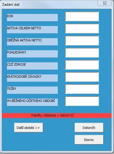 Tento formulář, poté, co jsou zadána data, nabízí uživateli možnost výpočtu vybraných ukazatelů finanční analýzy.