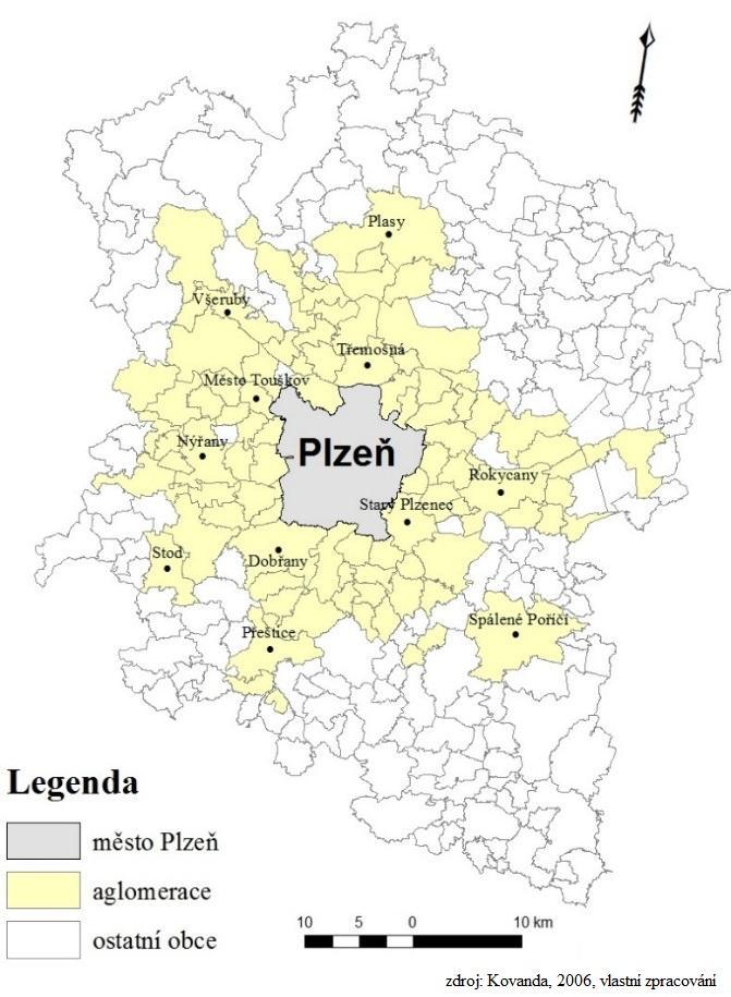 5 Plzeňská aglomerace Práce se nezabývá vymezením aglomerace, ale je převzata od autora Kovandy (2006), který jí vymezil podle svých zvolených kritérií a to: dojížďka za zaměstnáním do Plzně min.