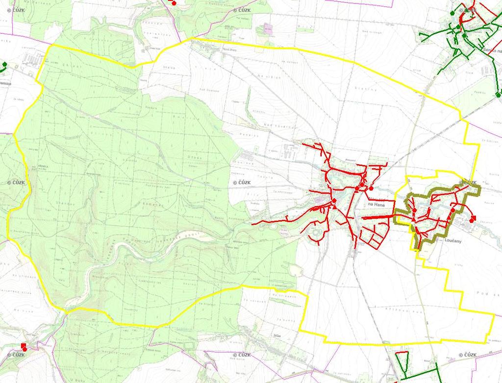 E. KANALIZACE A ČOV Mapa E1: Kanalizace - rozvody v obci Trasování sítí, lokalizace ČOV, čerpací stanice (ČS), výústě Obec: Náměšť na Hané Legenda: Kanalizace: Ochranné pásmo: Vyústění: do 2015 po