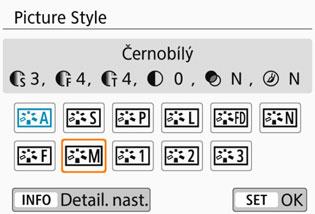 A Výběr stylu Picture StyleN Symboly Na této obrazovce výběru stylu Picture Style se nacházejí ikony pro nastavení [Síla], [Jemnost] nebo [Práh] pro parametry [Ostrost] a také [Kontrast] a další.