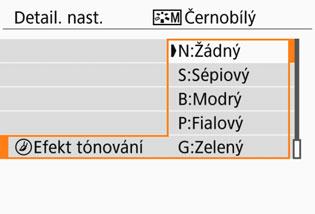 A Uživatelské nastavení stylu Picture StyleN V Nastavení stylu Černobílý Vedle efektů popsaných na předcházející straně, jako je například parametr [Kontrast] nebo nastavení [Síla], [Jemnost] a