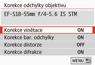 A snížená ostrost obrazu způsobená clonou se nazývá fenomén difrakce. Tyto odchylky objektivu lze korigovat. Při výchozím nastavení jsou položky [Korekce vinětace], [Korekce bar.