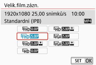 3 Nastavení velikosti filmového záznamu S možností [z1: Velik. film. zázn.] můžete nastavit velikost filmového záznamu (velikost snímku, snímkovou frekvenci a metodu komprese) a další funkce.