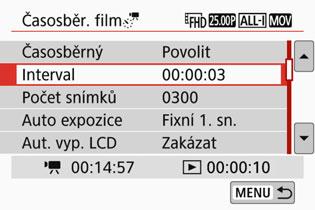 N Snímání časosběrných filmů Potřebný čas Doba přehrávání 4 Nastavte interval snímání a počet snímků.
