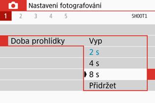 Praktické funkce 3 Nastavení doby prohlídky snímku Je možné změnit dobu, po kterou se snímek zobrazí na displeji LCD bezprostředně po vyfotografování.