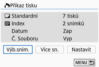W Formát DPOF (Digital Print Order Format) 3 Výběr snímku k tisku Výběr snímku Množství Celkový počet vybraných snímků Vyberte a určete snímky, jeden po druhém.