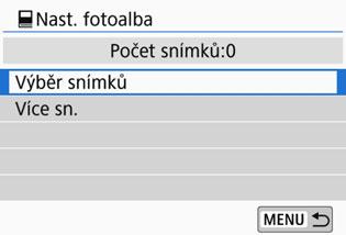3 Určení snímků po jednom 1 2 Vyberte položku [Nast. fotoalba]. Na kartě [x1] vyberte položku [Nast. fotoalba] a stiskněte tlačítko <0>. Vyberte položku [Výběr snímků]. Zobrazí se snímek.