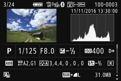 B: Zobrazení informací o snímku Zobrazení informací o snímku Podrobné informace Hodnota kompenzace expozice Histogram (Jas/RGB) Clona Rychlost závěrky Režim snímání Vyvážení bílé Auto Lighting