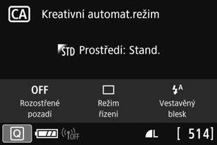 zobrazí pouze funkce týkající se konkrétního nastaveného režimu snímání.