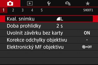 3 Funkce nabídky a konfigurace Když je [s: Zobrazení menu: Standardní] nastavena Hlavní karty Zobrazte obrazovku nabídky. 1 Stisknutím tlačítka <M> zobrazte obrazovku nabídky.