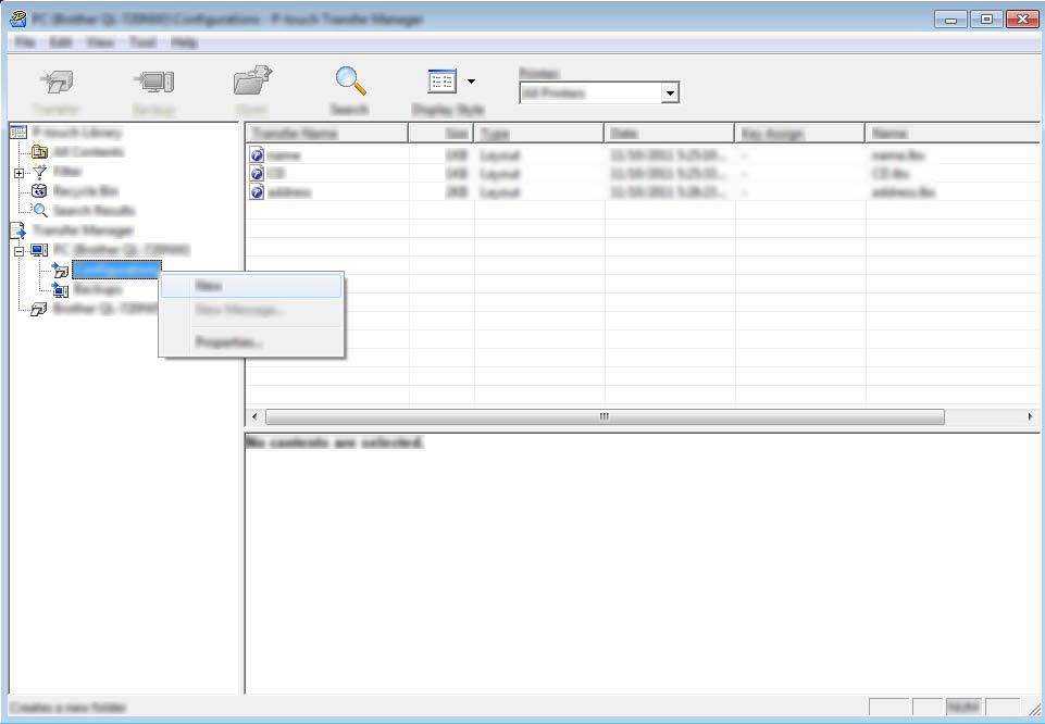 Jak používat program P-touch Transfer Manager c Pravým tlačítkem myši klikněte na položku [Konfigurace], zvolte možnost [Nová] a vytvořte novou složku.