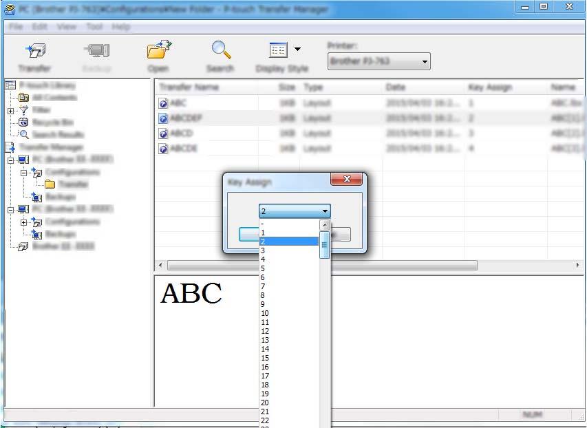 Jak používat program P-touch Transfer Manager e Chcete-li změnit číslo klíče přiřazené k nějaké položce, klikněte na tuto položku pravým tlačítkem, zvolte [Přiřazení klíče] a poté zvolte požadované