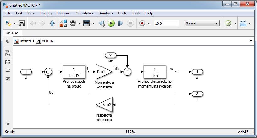 Vytvoření blokového schématu stejnosměrného motoru Bloky jsou v knihovnách: Continuous, Math
