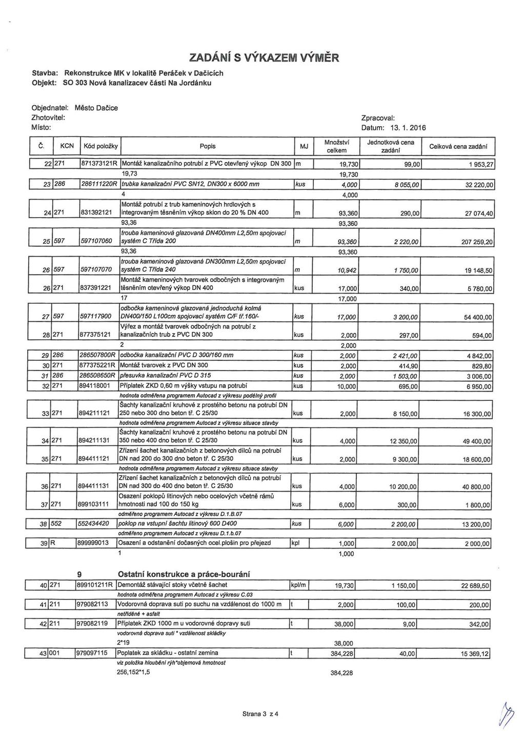 Stavba: Rekonstrukce IWK v lokalitě Peráček v Dačicích Objekt: SO 303 Nová kanalizacev části Na Jordánku ZADÁNÍ S VÝKAZEM VÝMĚR Objednatel: Město Dačice Zhotovitel: Zpracoval: Místo: Datum: 13.1.2016 č.