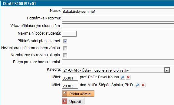 3. Po stisknutí tlačítka Upravit údaje na stránce podrobného přehledu lístku nebo po zvolení ikony pro úpravu lístku ( ) v přehledu předmětů je možné zadat kapacitní omezení, které se bude týkat