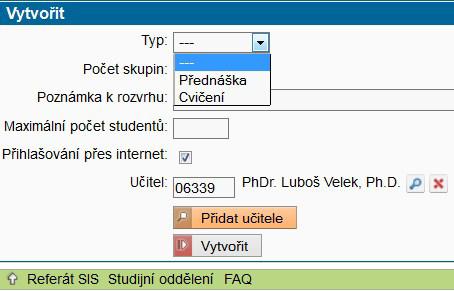 3. Rozvrhový lístek předmětu bez výuky (např. typu písemná práce) Pokud chcete využít možnosti přidání dalších vyučujících k předmětům bez výuky (např.