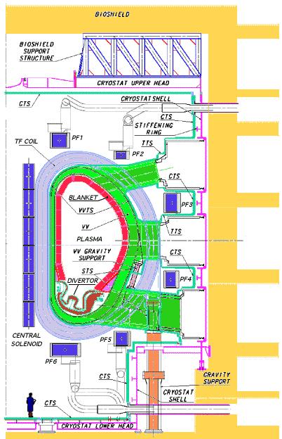 Obrázek 3.6: Příčný řez tokamakem ITER Po vytvarování sloupce plazmatu se udržují kvazistacionární podmínky výboje (ohřev, řízení hustoty plazmatu).