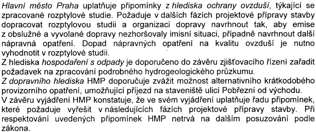 Pøíslušný úøad neobdržel žádné vyjádøení veøejnosti V obdržených vyjádøeních jsou obsaženy následující pøipomínky Hlavní mìsto Praha uplatòuje pøipomínky z hlediska ochrany ovzduší, týkající se