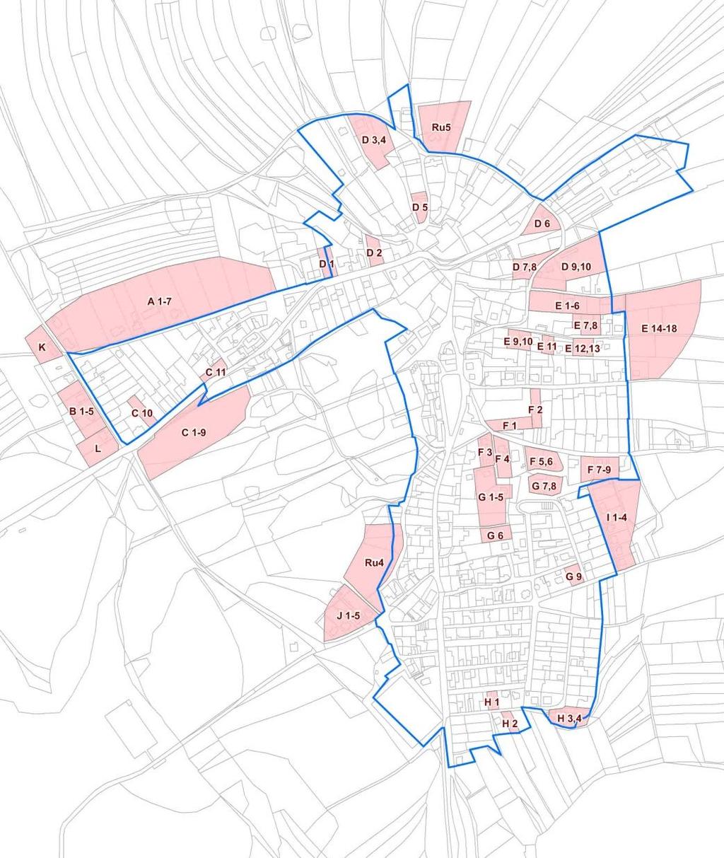 Zastavitelné plochy bydlení dle platného ÚP včetně pozdějších změn - schéma Pozn.: Růžovou plochou jsou vymezeny jednotlivé zastavitelné plochy, modře zastavěné území. II.