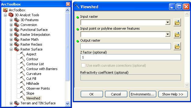 Viewshed v programu ArcGIS 10 najdeme v ArcToolbox/ 3D Analyst Tools/ Raster Surface/ Viewshed.