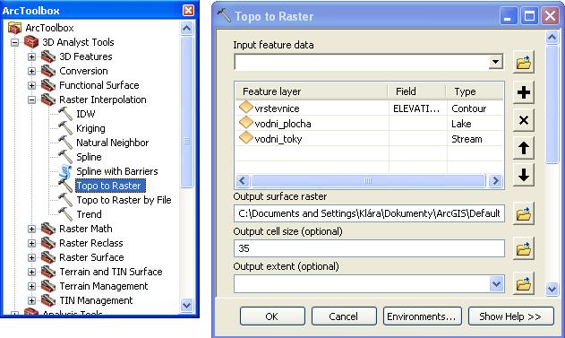 Obrázek 13: Umístění a nastavení nástroje Topo To Raster. Nástroj Topo to Raster umožňuje také vytvoření hydrologicky korektního modelu tzv. Drainage enforcement.